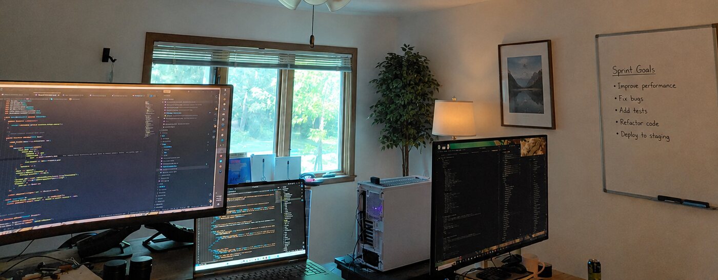 The Lemmerweb home office: monitors running code, a whiteboard and a window